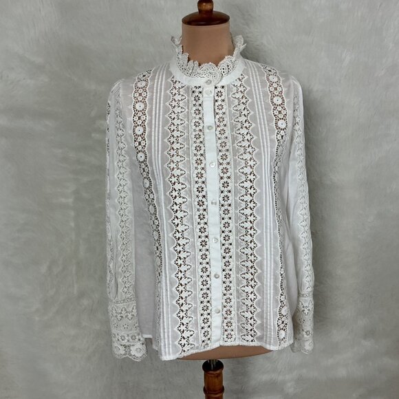 Sezane Ecru High Neck Long Sleeve Lace Cotton Rym Shirt Blouse  38 US M - Picture 1 of 7